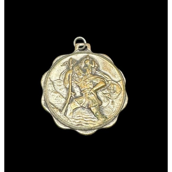Vintage Saint Christopher Brass Religious Medal Floral Round Shield Germany - Picture 1 of 6